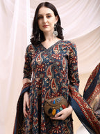 Paisley Printed Angarkha Style Anarkali Kurta With Pant & Dupatta, Navy Blue - Hiral Fashion - Distacart