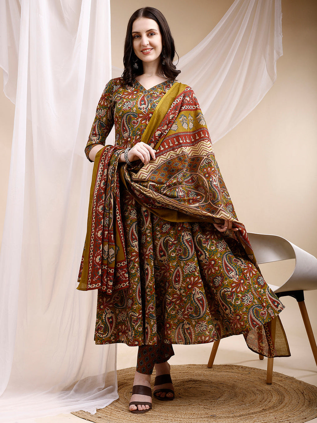 Paisley Printed Angarkha Style Anarkali Kurta With Pant & Dupatta, Olive - Hiral Fashion - Distacart