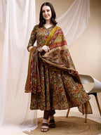 Paisley Printed Angarkha Style Anarkali Kurta With Pant & Dupatta, Olive - Hiral Fashion - Distacart