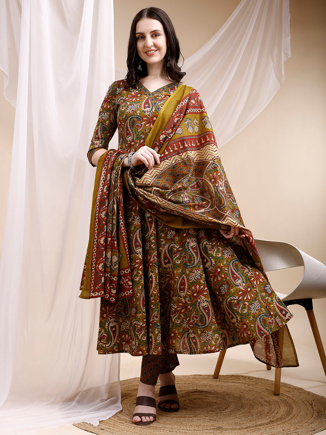 Paisley Printed Angarkha Style Anarkali Kurta With Pant & Dupatta, Olive - Hiral Fashion - Distacart