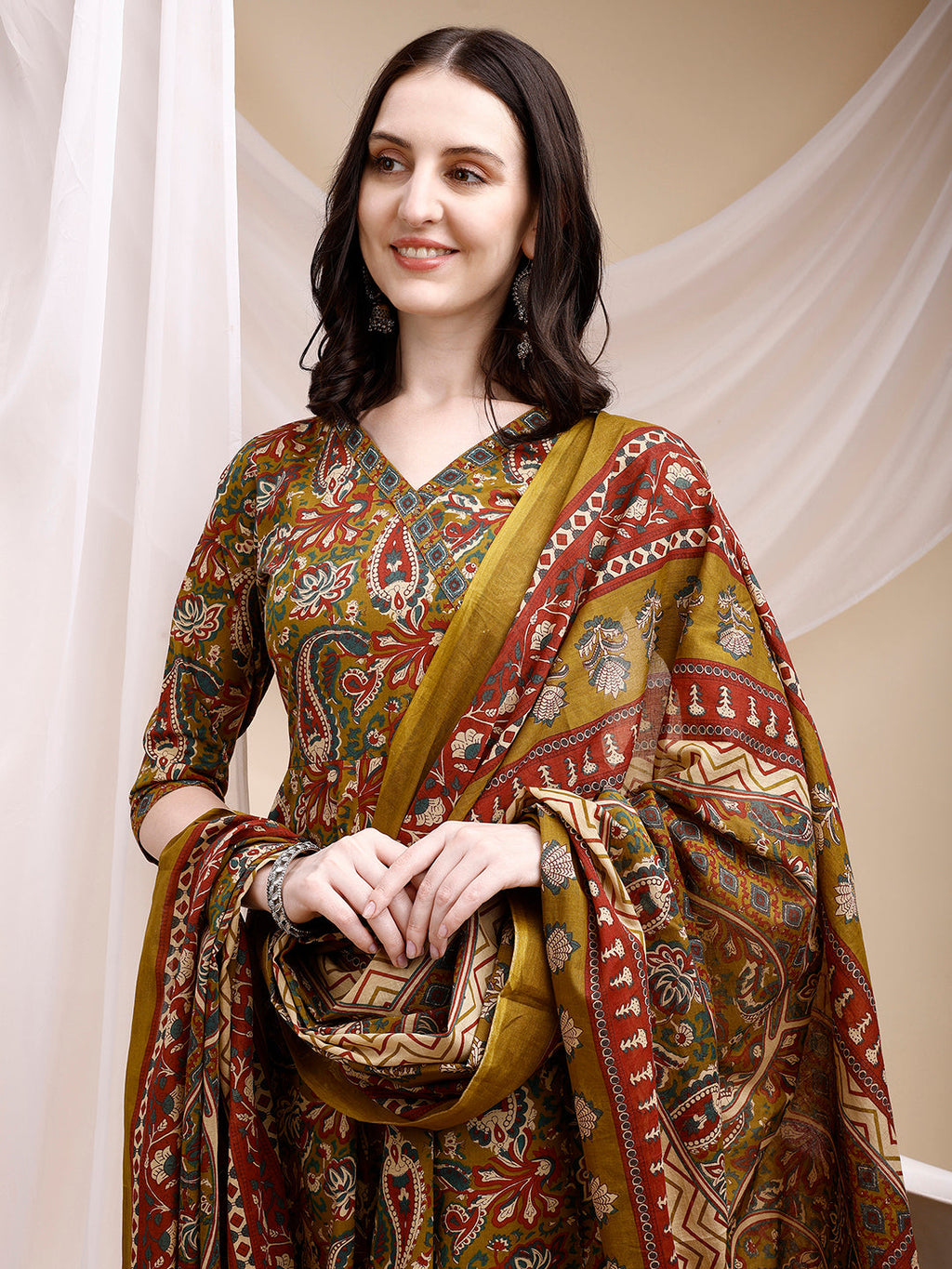 Paisley Printed Angarkha Style Anarkali Kurta With Pant & Dupatta, Olive - Hiral Fashion - Distacart