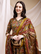 Paisley Printed Angarkha Style Anarkali Kurta With Pant & Dupatta, Olive - Hiral Fashion - Distacart