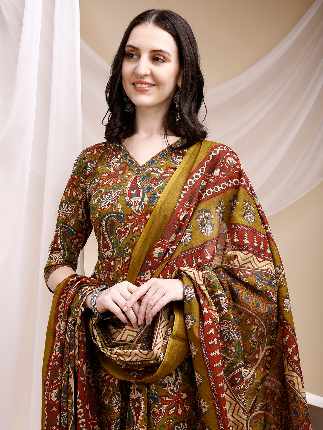 Paisley Printed Angarkha Style Anarkali Kurta With Pant & Dupatta, Olive - Hiral Fashion - Distacart