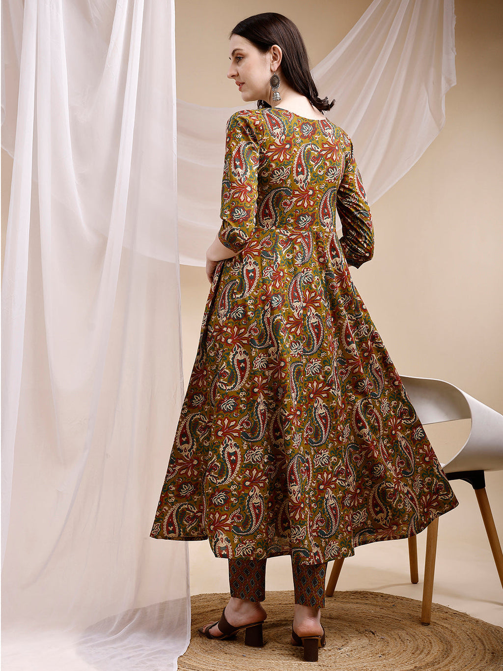 Paisley Printed Angarkha Style Anarkali Kurta With Pant & Dupatta, Olive - Hiral Fashion - Distacart