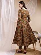 Paisley Printed Angarkha Style Anarkali Kurta With Pant & Dupatta, Olive - Hiral Fashion - Distacart