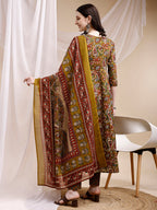 Paisley Printed Angarkha Style Anarkali Kurta With Pant & Dupatta, Olive - Hiral Fashion - Distacart