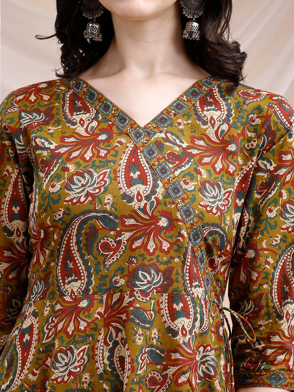 Paisley Printed Angarkha Style Anarkali Kurta With Pant & Dupatta, Olive - Hiral Fashion - Distacart