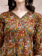 Paisley Printed Angarkha Style Anarkali Kurta With Pant & Dupatta, Olive - Hiral Fashion - Distacart