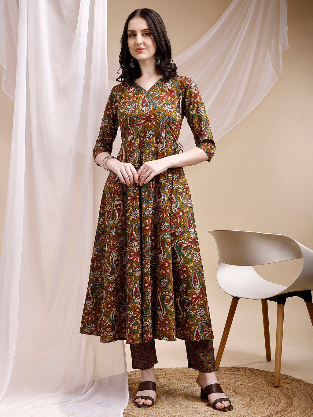 Paisley Printed Angarkha Style Anarkali Kurta With Pant & Dupatta, Olive - Hiral Fashion - Distacart