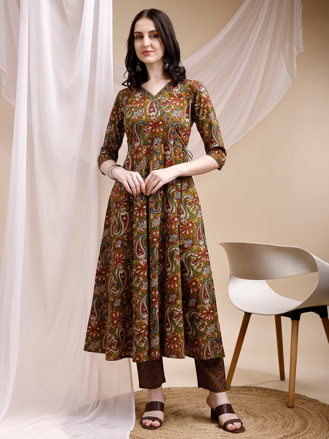 Paisley Printed Angarkha Style Anarkali Kurta With Pant & Dupatta, Olive - Hiral Fashion - Distacart