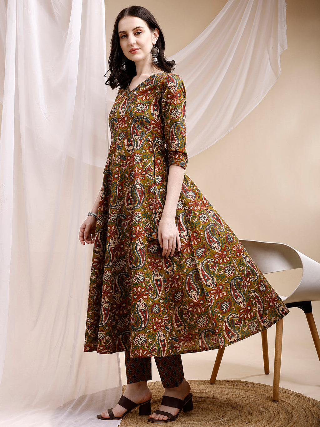 Paisley Printed Angarkha Style Anarkali Kurta With Pant & Dupatta, Olive - Hiral Fashion - Distacart
