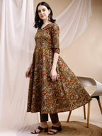 Paisley Printed Angarkha Style Anarkali Kurta With Pant & Dupatta, Olive - Hiral Fashion - Distacart