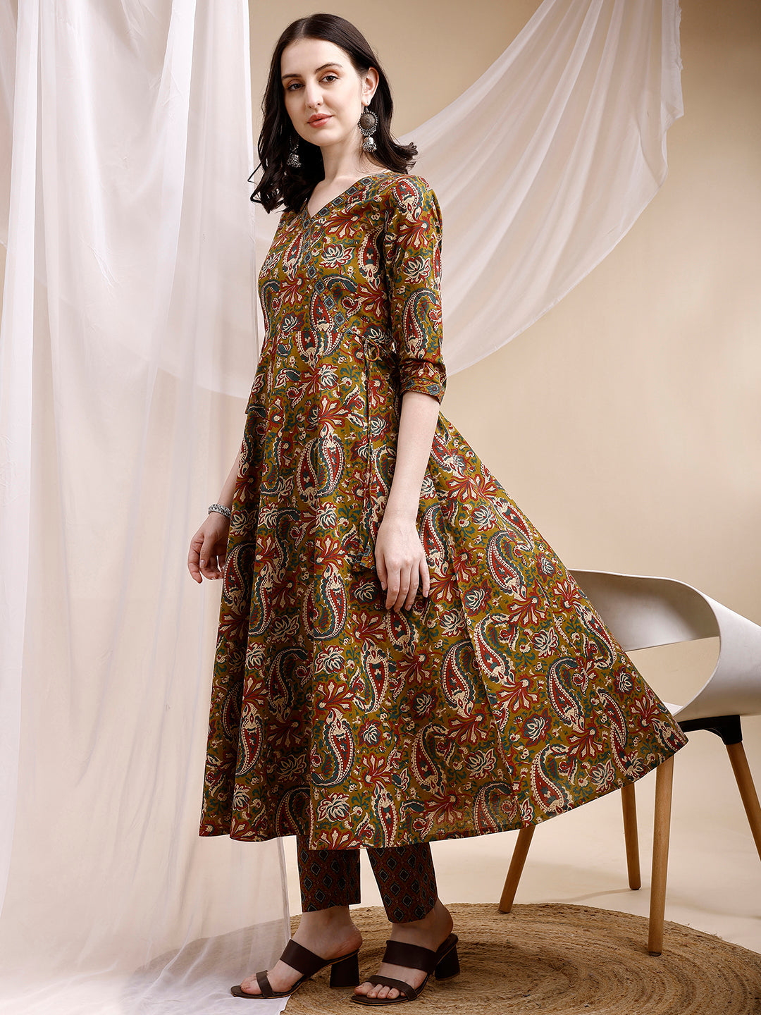 Paisley Printed Angarkha Style Anarkali Kurta With Pant & Dupatta, Olive - Hiral Fashion - Distacart