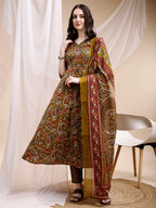 Paisley Printed Angarkha Style Anarkali Kurta With Pant & Dupatta, Olive - Hiral Fashion - Distacart