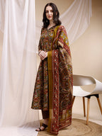 Paisley Printed Angarkha Style Anarkali Kurta With Pant & Dupatta, Olive - Hiral Fashion - Distacart