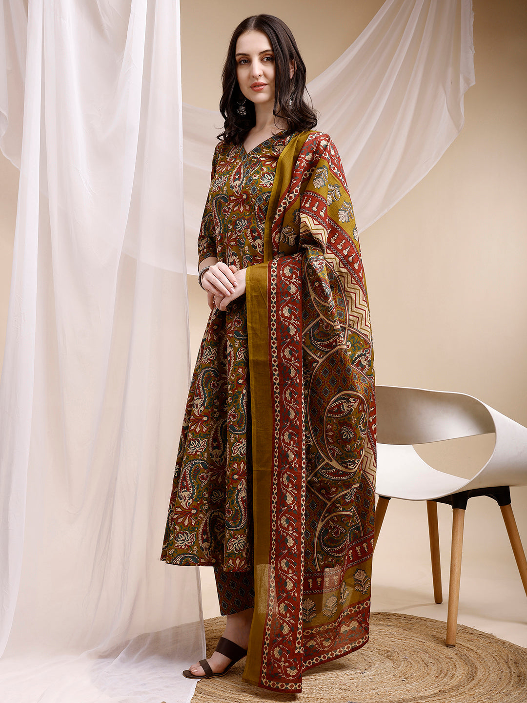 Paisley Printed Angarkha Style Anarkali Kurta With Pant & Dupatta, Olive - Hiral Fashion - Distacart