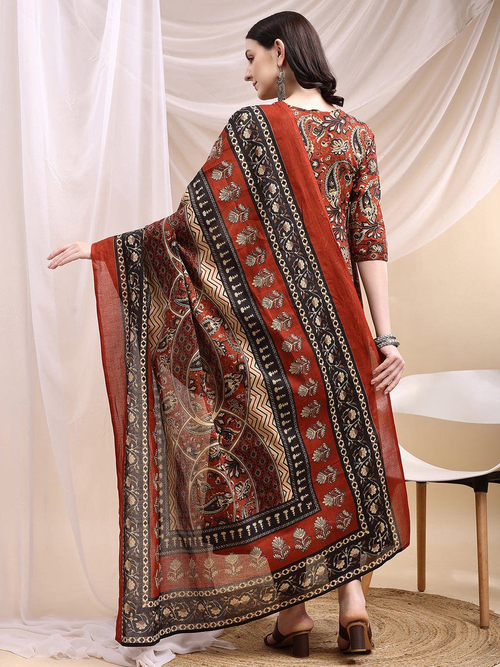 Paisley Printed Angarkha Style Anarkali Kurta With Pant & Dupatta, Rust - Hiral Fashion - Distacart
