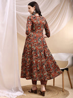 Paisley Printed Angarkha Style Anarkali Kurta With Pant & Dupatta, Rust - Hiral Fashion - Distacart