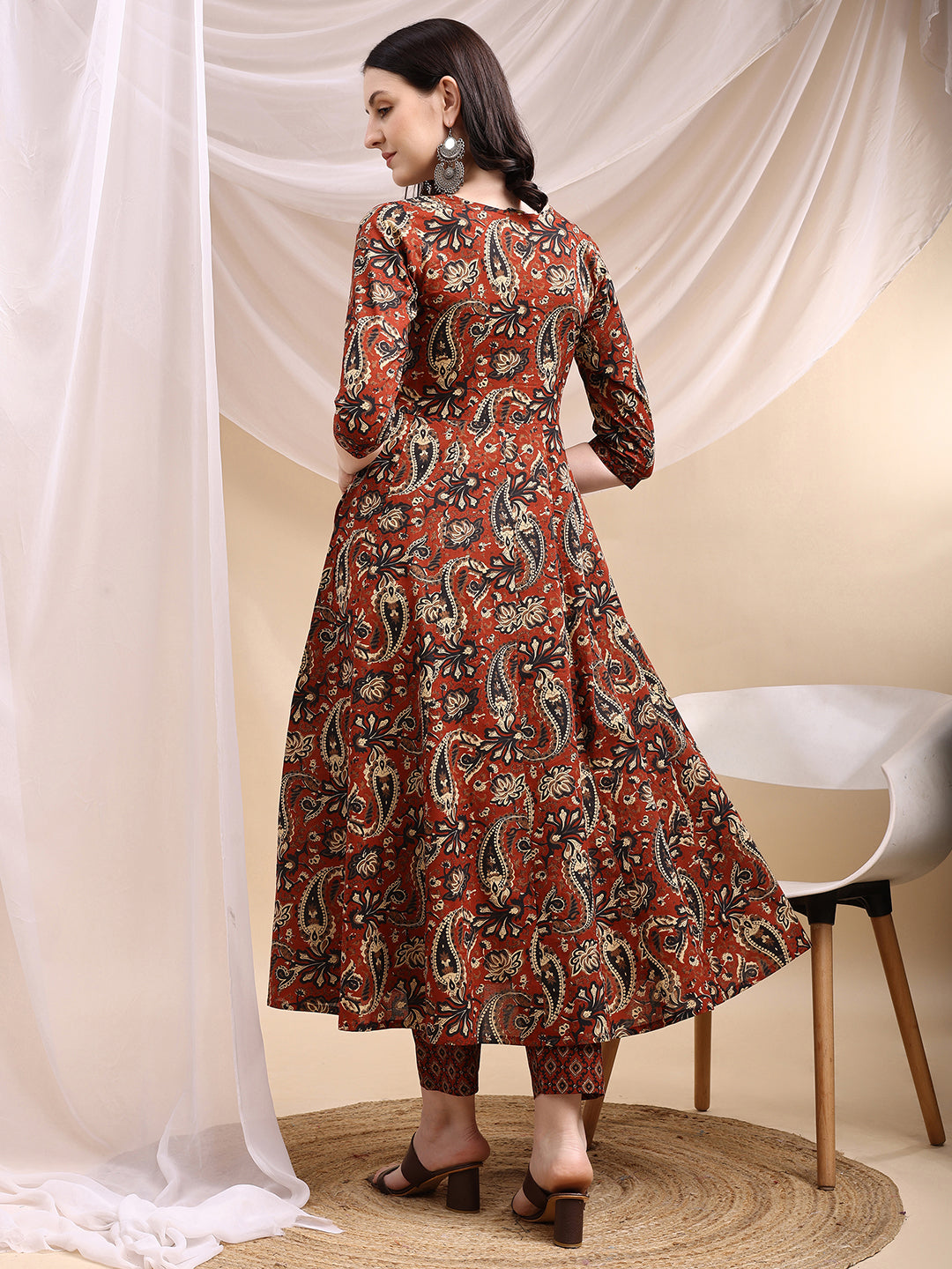 Paisley Printed Angarkha Style Anarkali Kurta With Pant & Dupatta, Rust - Hiral Fashion - Distacart