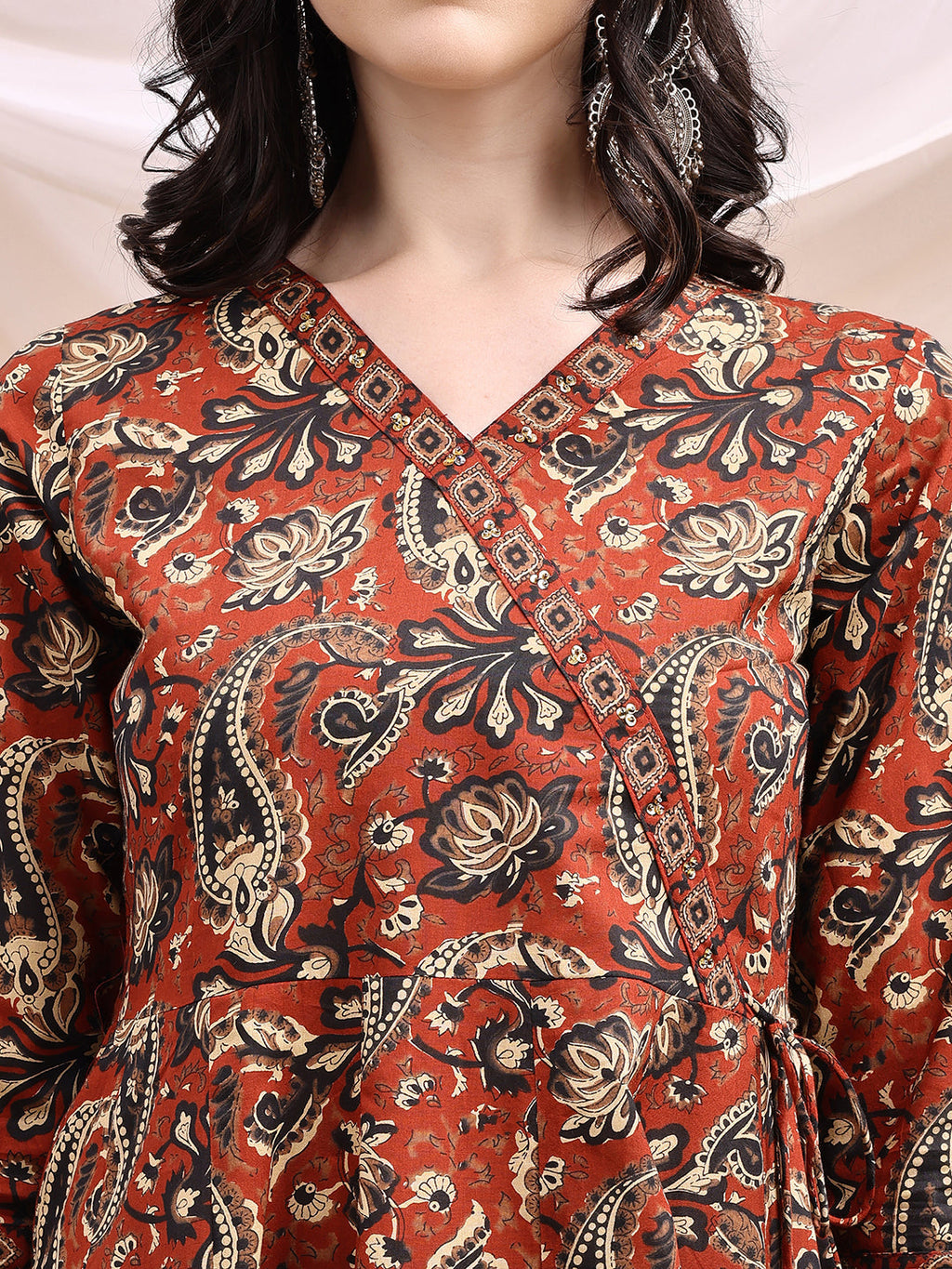 Paisley Printed Angarkha Style Anarkali Kurta With Pant & Dupatta, Rust - Hiral Fashion - Distacart