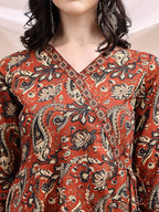 Paisley Printed Angarkha Style Anarkali Kurta With Pant & Dupatta, Rust - Hiral Fashion - Distacart