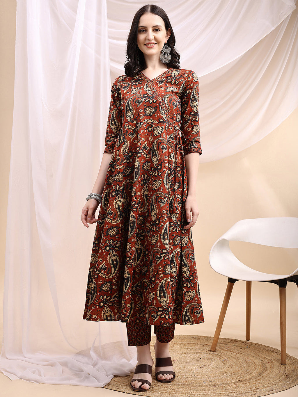 Paisley Printed Angarkha Style Anarkali Kurta With Pant & Dupatta, Rust - Hiral Fashion - Distacart