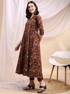 Paisley Printed Angarkha Style Anarkali Kurta With Pant & Dupatta, Rust - Hiral Fashion - Distacart