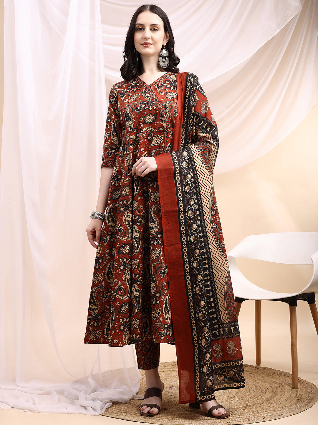 Paisley Printed Angarkha Style Anarkali Kurta With Pant & Dupatta, Rust - Hiral Fashion - Distacart