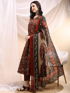 Paisley Printed Angarkha Style Anarkali Kurta With Pant & Dupatta, Rust - Hiral Fashion - Distacart