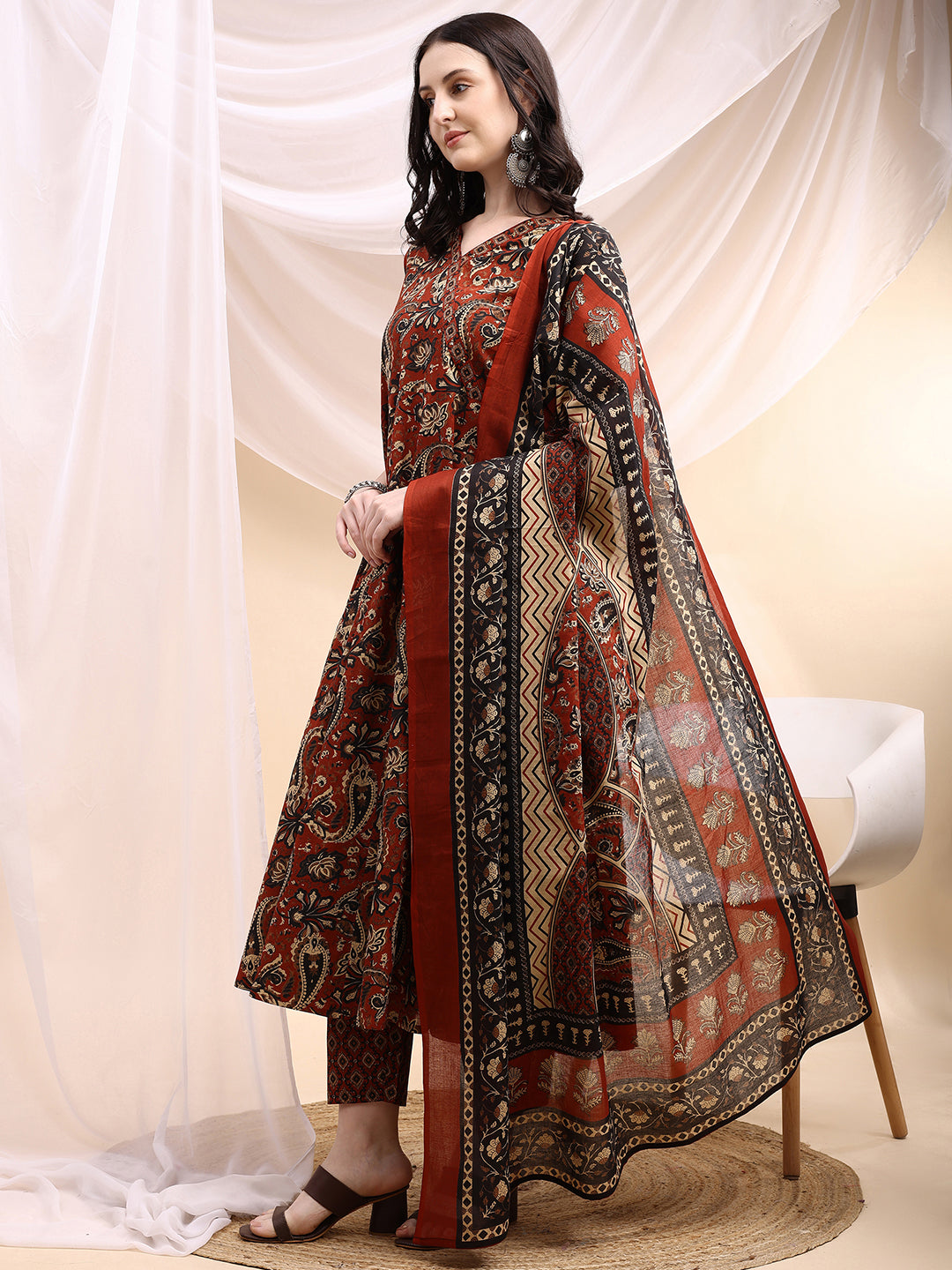 Paisley Printed Angarkha Style Anarkali Kurta With Pant & Dupatta, Rust - Hiral Fashion - Distacart