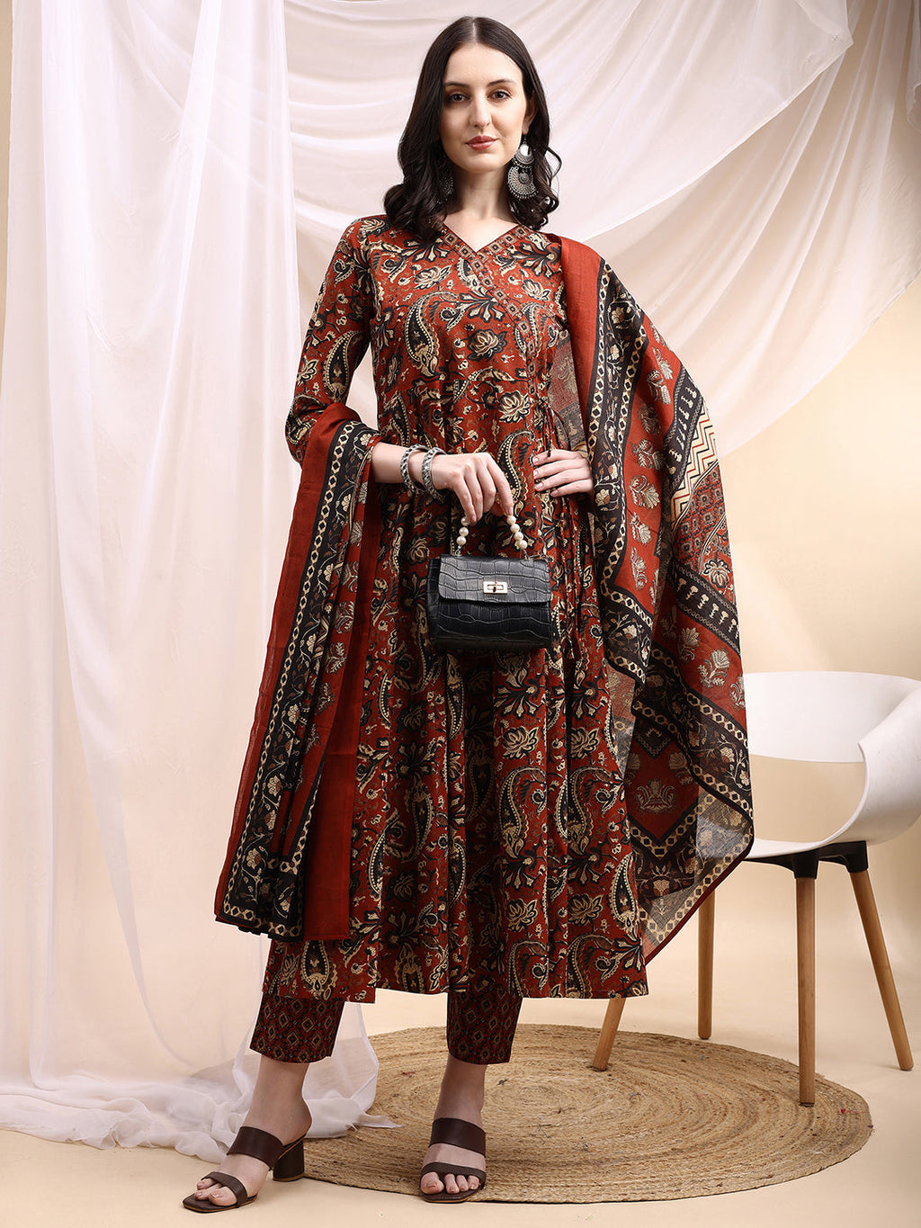 Paisley Printed Angarkha Style Anarkali Kurta With Pant & Dupatta, Rust - Hiral Fashion - Distacart