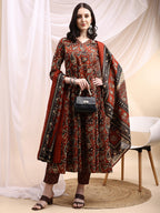 Paisley Printed Angarkha Style Anarkali Kurta With Pant & Dupatta, Rust - Hiral Fashion - Distacart