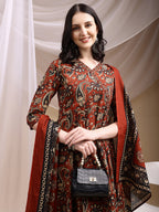 Paisley Printed Angarkha Style Anarkali Kurta With Pant & Dupatta, Rust - Hiral Fashion - Distacart