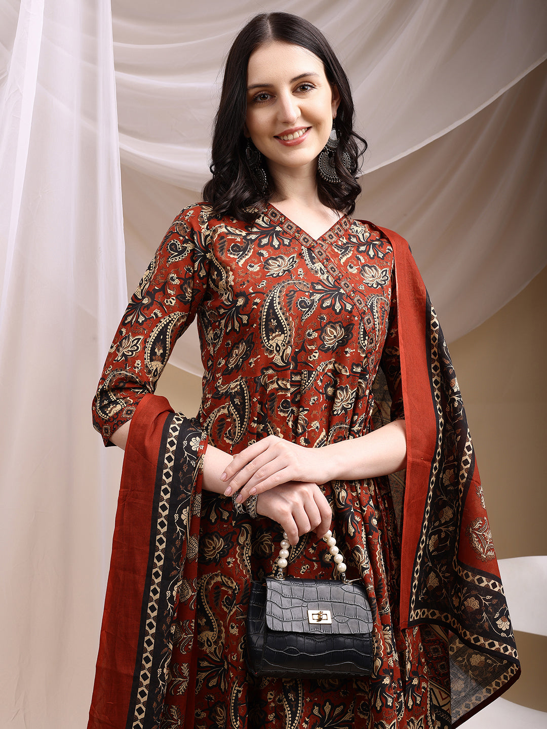 Paisley Printed Angarkha Style Anarkali Kurta With Pant & Dupatta, Rust - Hiral Fashion - Distacart