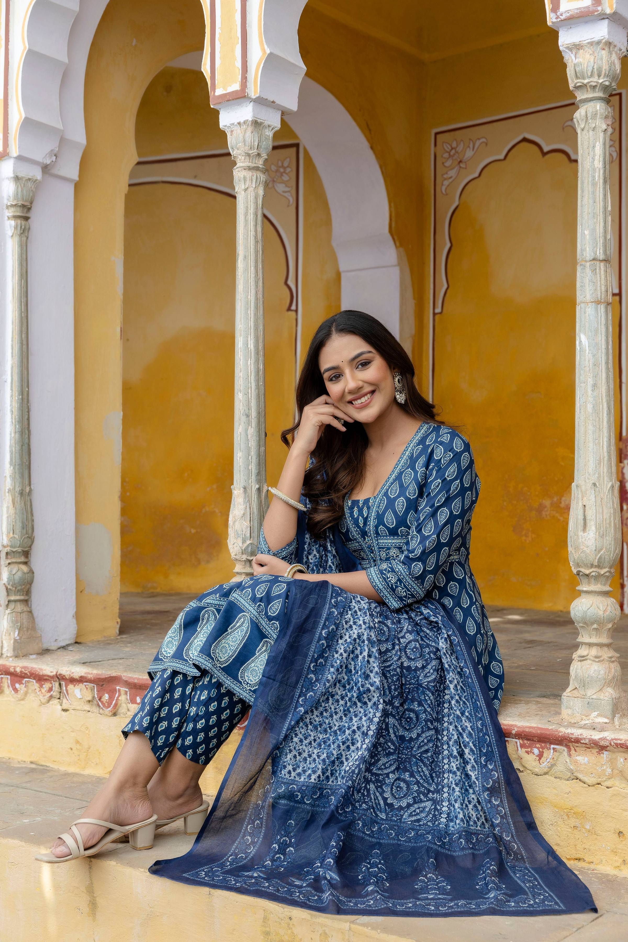 Ethnic Printed Anarkali Kurta With Matching Pant & A Flowy Dupatta, Blue - Hiral Fashion - Distacart