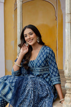 Ethnic Printed Anarkali Kurta With Matching Pant & A Flowy Dupatta, Blue - Hiral Fashion - Distacart