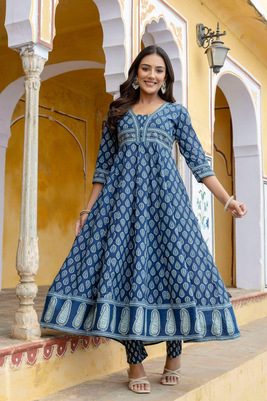 Ethnic Printed Anarkali Kurta With Matching Pant & A Flowy Dupatta, Blue - Hiral Fashion - Distacart