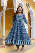 Ethnic Printed Anarkali Kurta With Matching Pant & A Flowy Dupatta, Blue - Hiral Fashion - Distacart