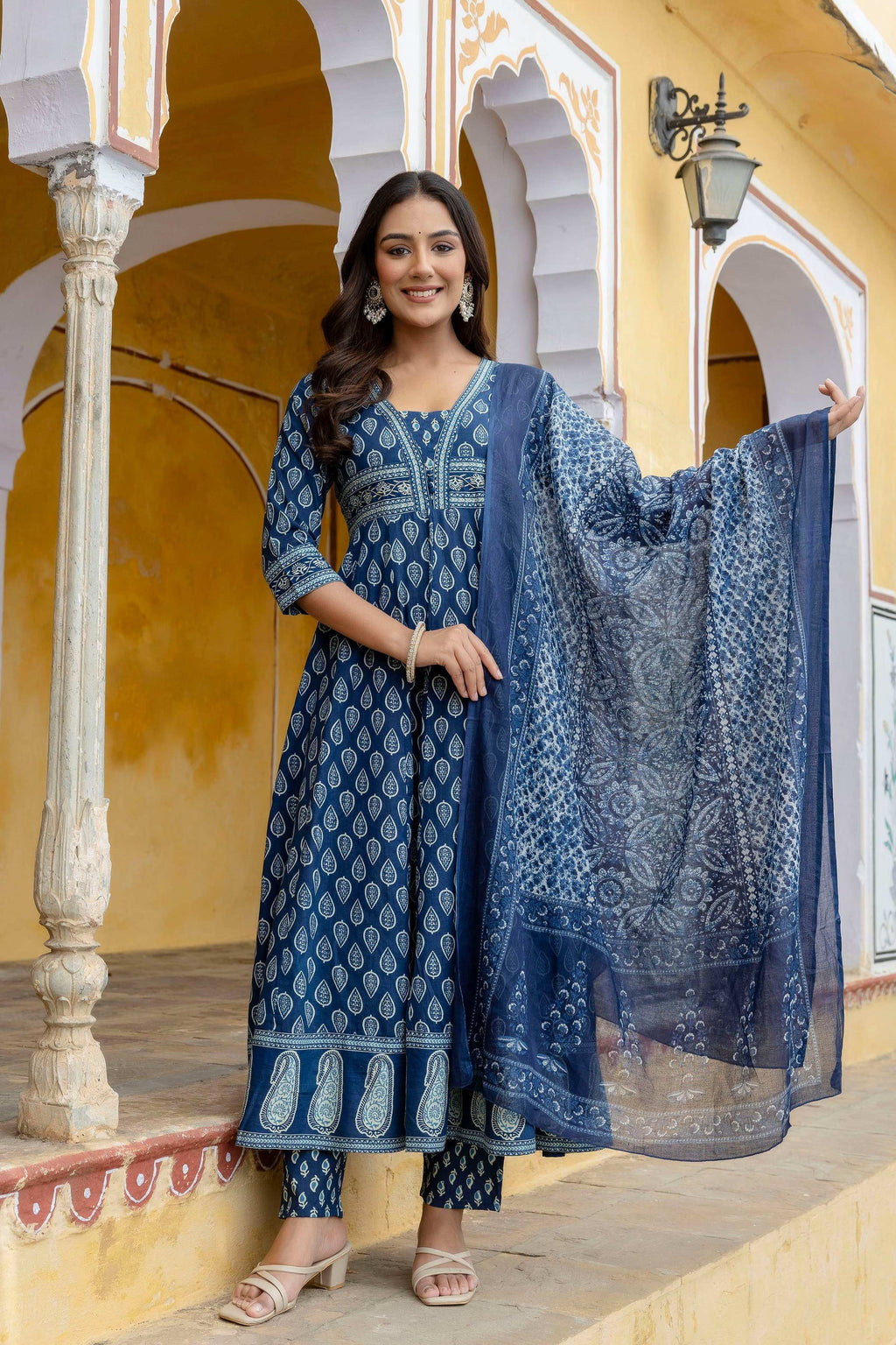 Ethnic Printed Anarkali Kurta With Matching Pant & A Flowy Dupatta, Blue - Hiral Fashion - Distacart