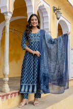 Ethnic Printed Anarkali Kurta With Matching Pant & A Flowy Dupatta, Blue - Hiral Fashion - Distacart