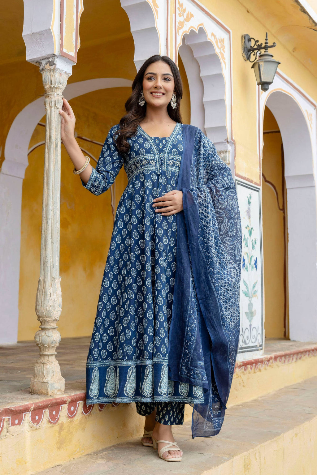 Ethnic Printed Anarkali Kurta With Matching Pant & A Flowy Dupatta, Blue - Hiral Fashion - Distacart