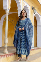 Ethnic Printed Anarkali Kurta With Matching Pant & A Flowy Dupatta, Blue - Hiral Fashion - Distacart