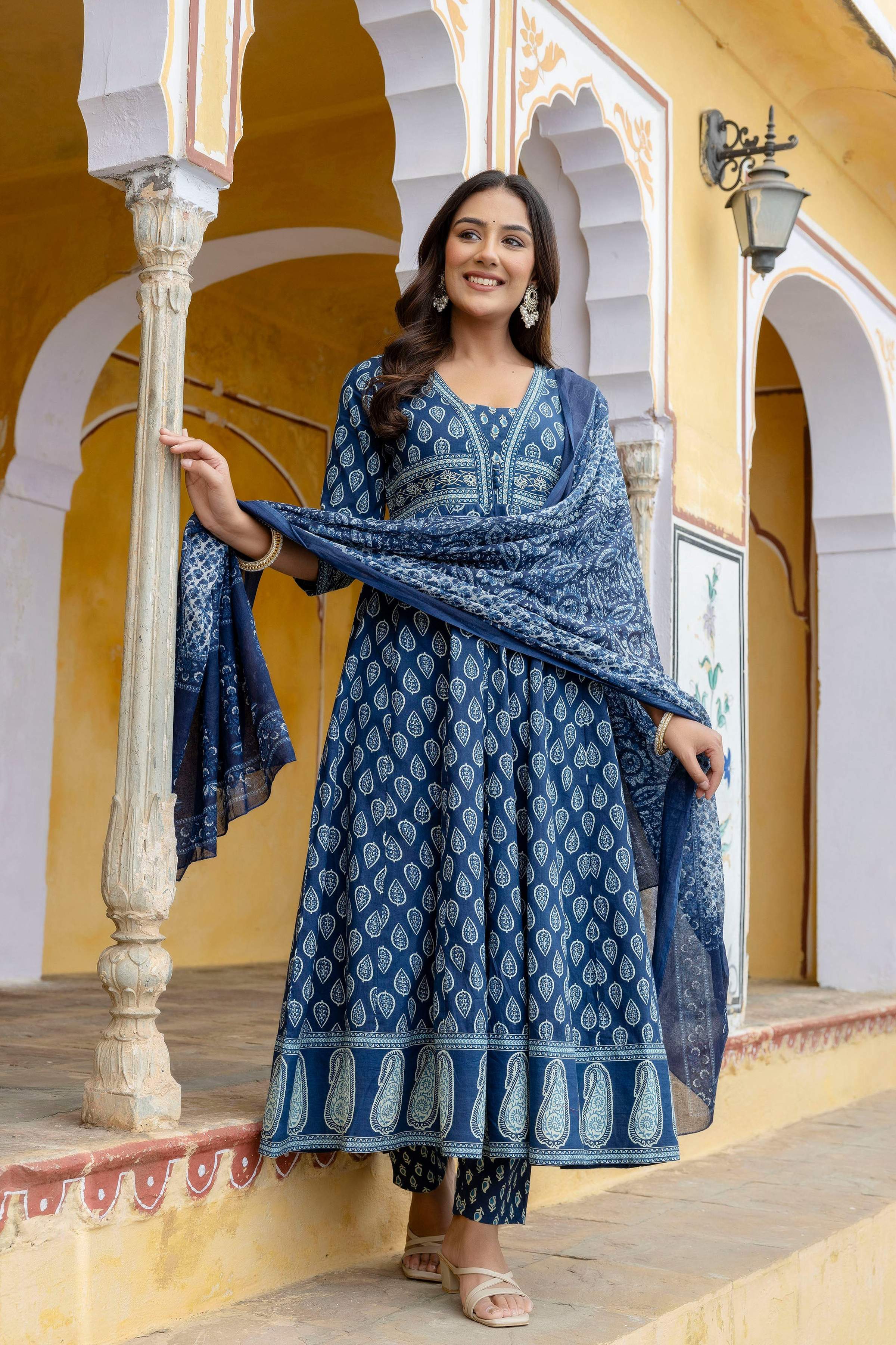 Ethnic Printed Anarkali Kurta With Matching Pant & A Flowy Dupatta, Blue - Hiral Fashion - Distacart