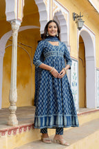 Ethnic Printed Anarkali Kurta With Matching Pant & A Flowy Dupatta, Blue - Hiral Fashion - Distacart