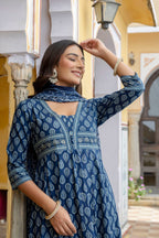 Ethnic Printed Anarkali Kurta With Matching Pant & A Flowy Dupatta, Blue - Hiral Fashion - Distacart