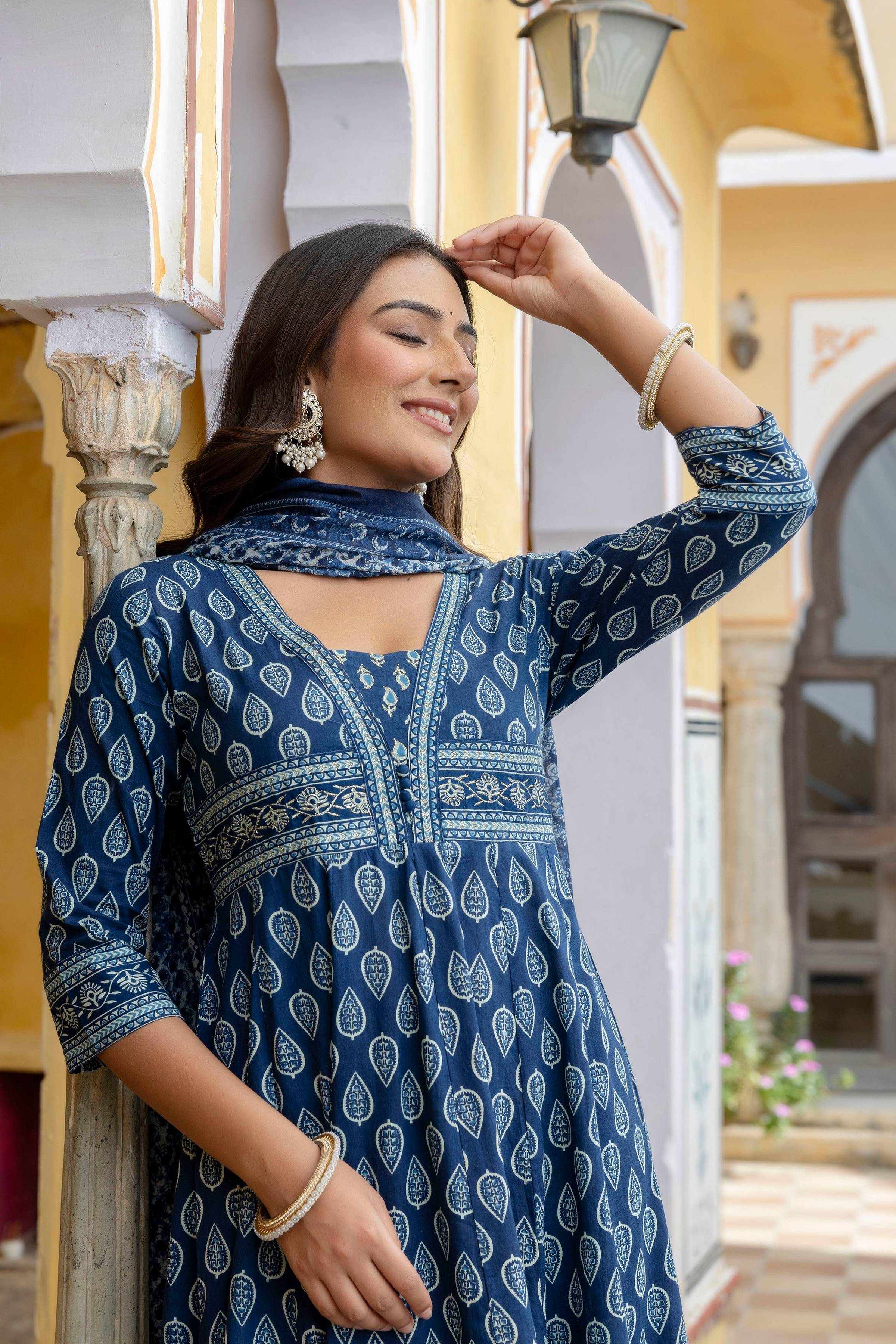 Ethnic Printed Anarkali Kurta With Matching Pant & A Flowy Dupatta, Blue - Hiral Fashion - Distacart