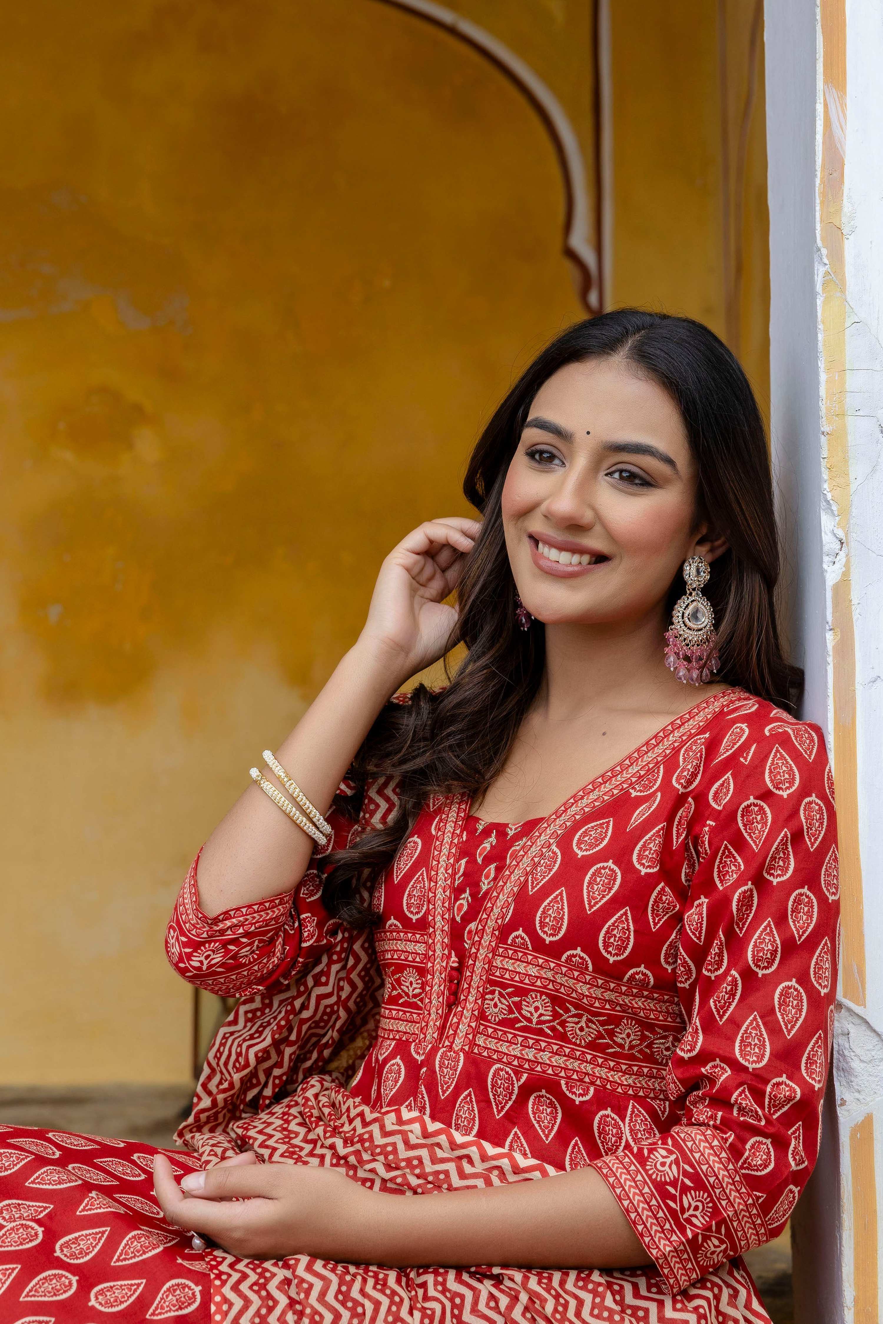 Ethnic Printed Anarkali Kurta With Matching Pant & A Flowy Dupatta, Rust - Hiral Fashion - Distacart