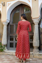 Ethnic Printed Anarkali Kurta With Matching Pant & A Flowy Dupatta, Rust - Hiral Fashion - Distacart