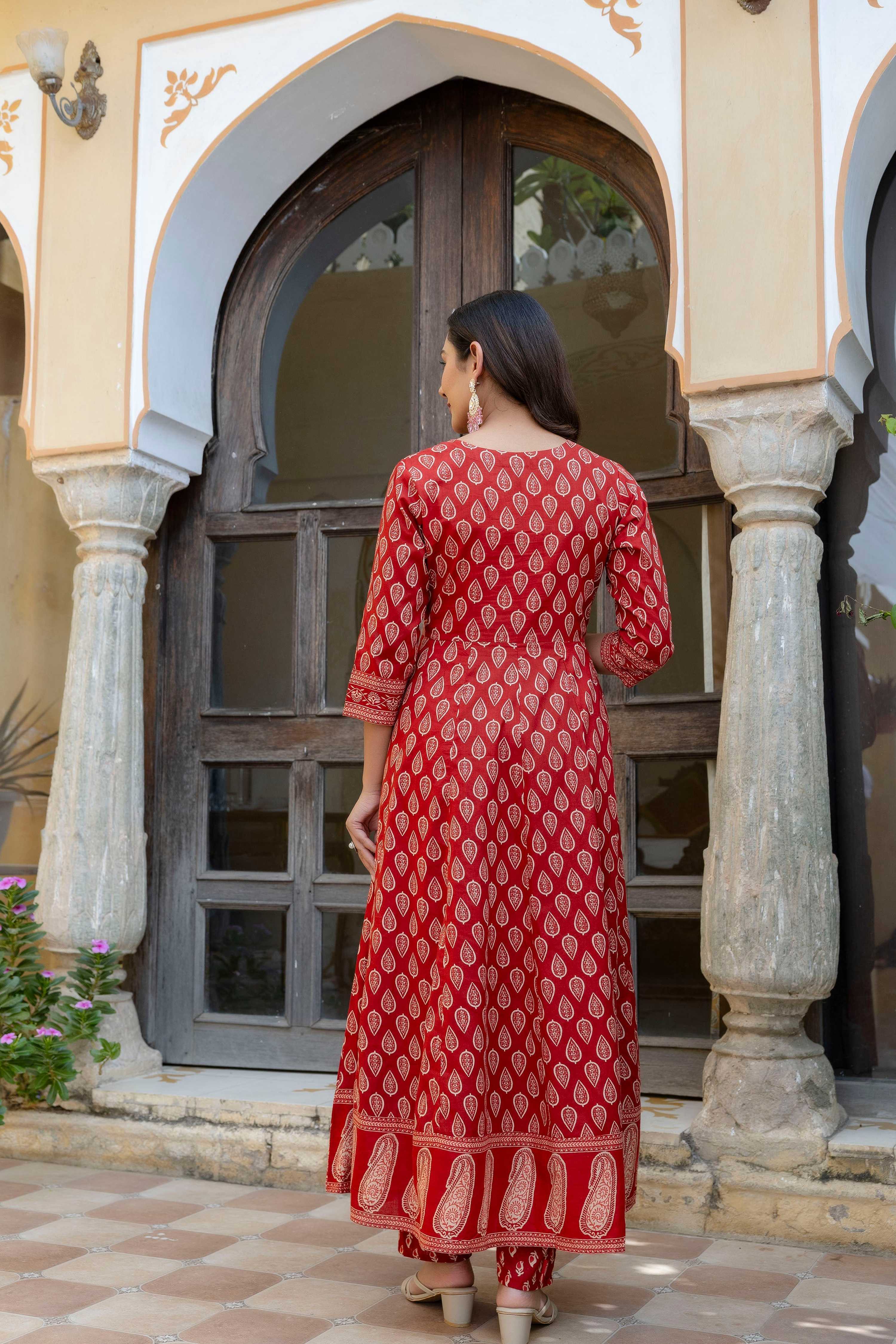 Ethnic Printed Anarkali Kurta With Matching Pant & A Flowy Dupatta, Rust - Hiral Fashion - Distacart