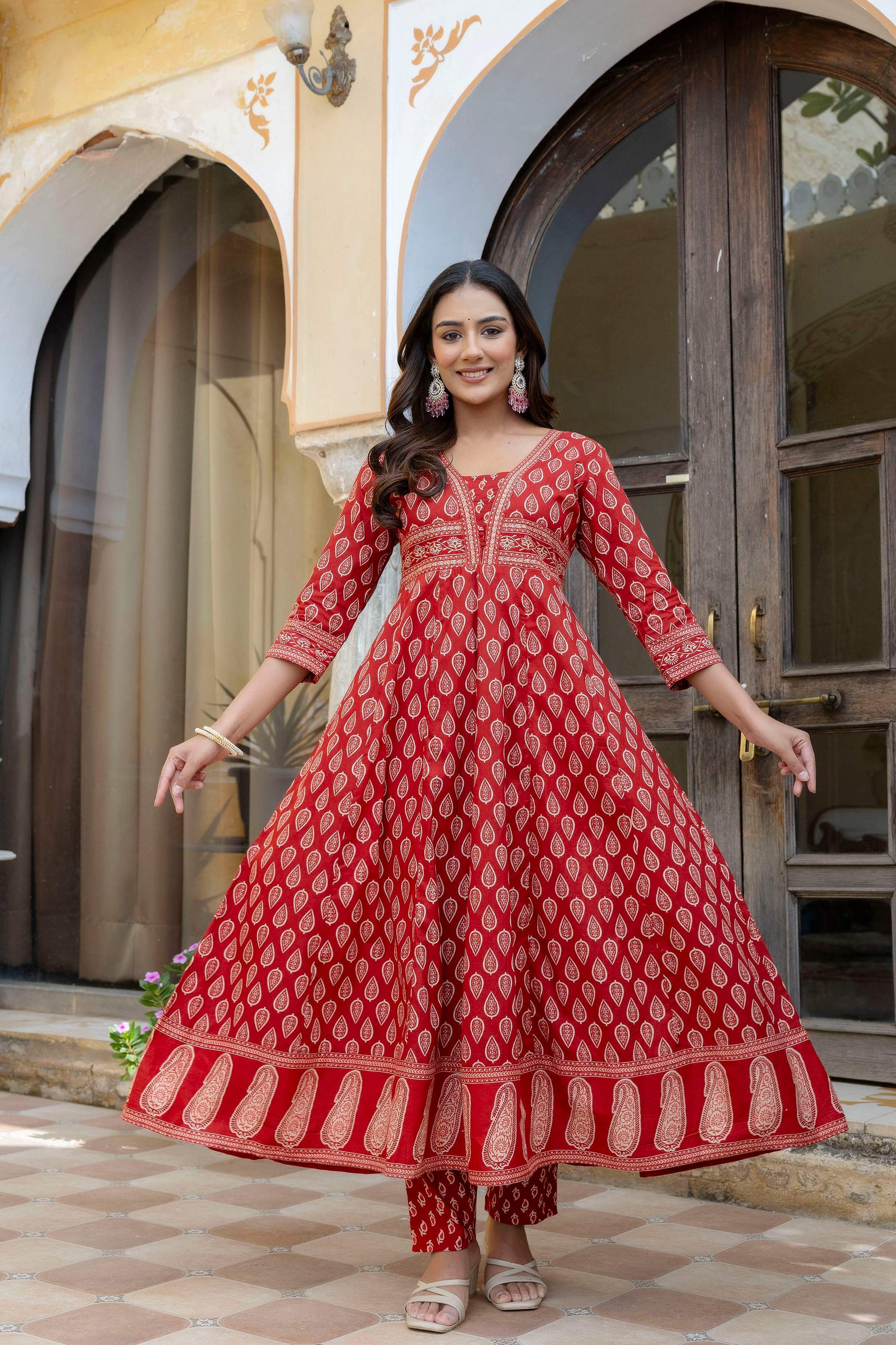 Ethnic Printed Anarkali Kurta With Matching Pant & A Flowy Dupatta, Rust - Hiral Fashion - Distacart